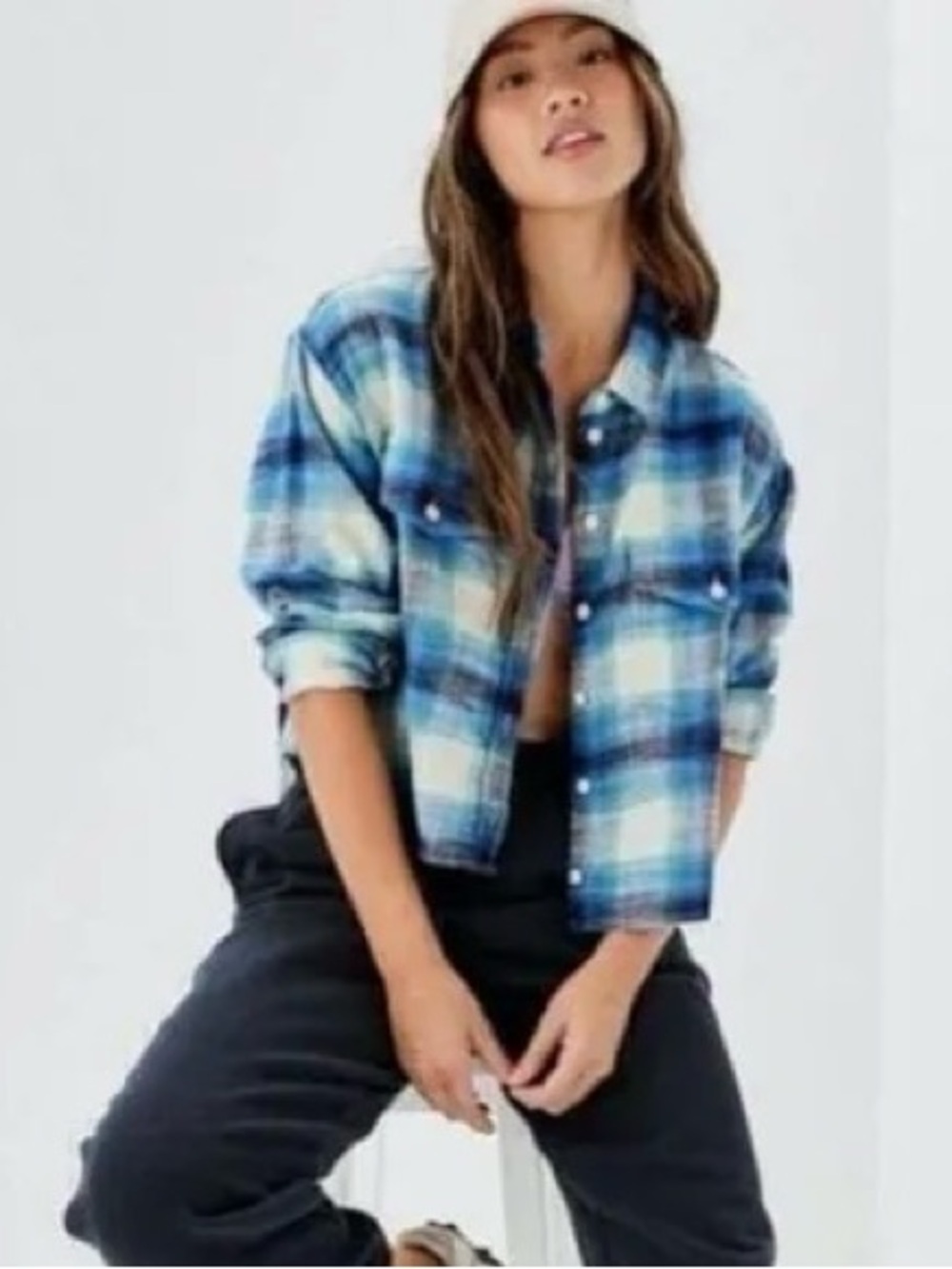 American Eagle Outfitters Tops - M - Cozy Cropped Flannel Shirt - Blue Plaid